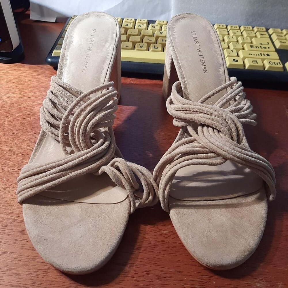 New ! Stuart Weitzman Twist Block Sandal Beige Si… - image 3